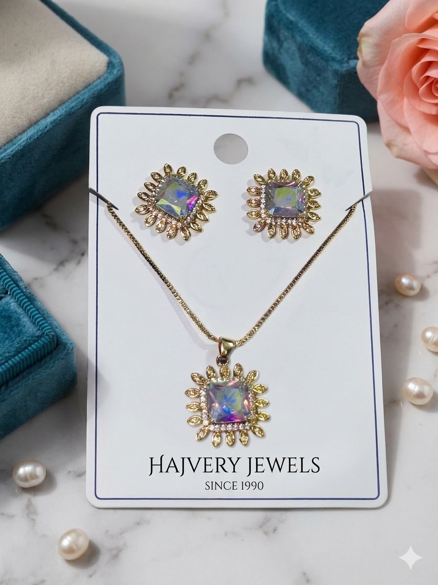 Royal Aurora Crystal Set – Antique Gold-Plated Square Floral Jewelry Suite