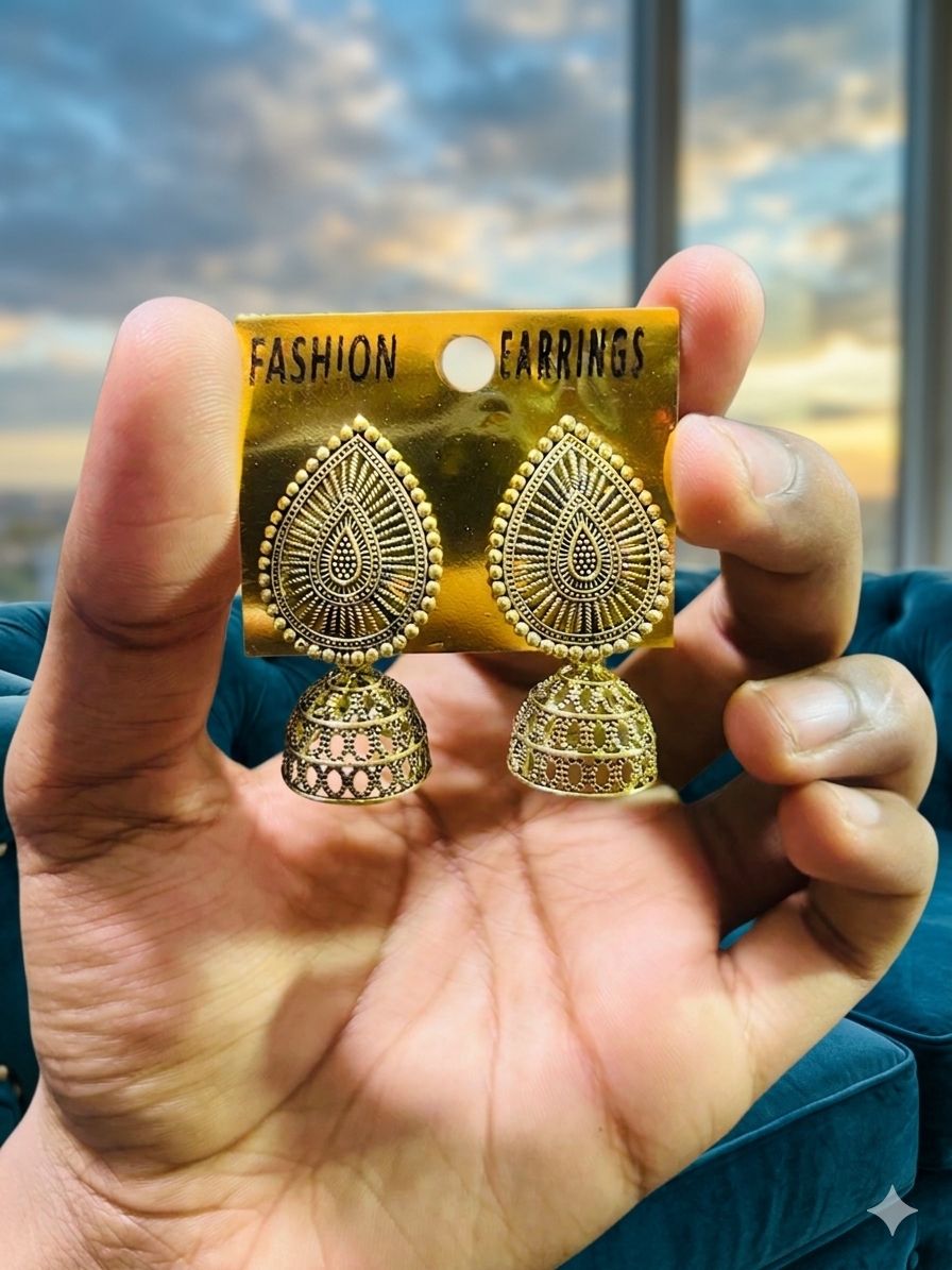 INDIAN Antique Gold Filigree Jhumkas – Traditional Handcrafted Teardrop Drop Earrings