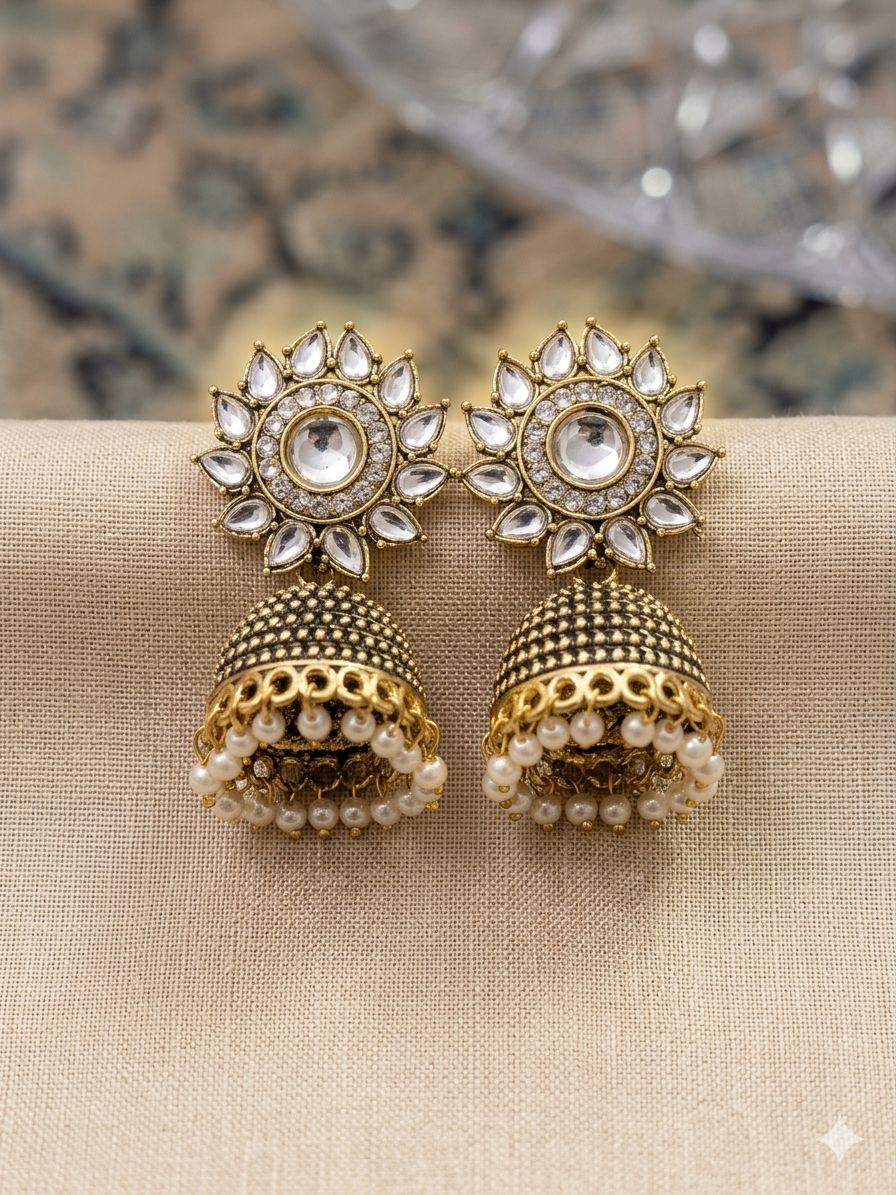 Antique Floral Kundan Jhumkas – Gold-Plated Sunburst Drop Earrings with Pearl Accents